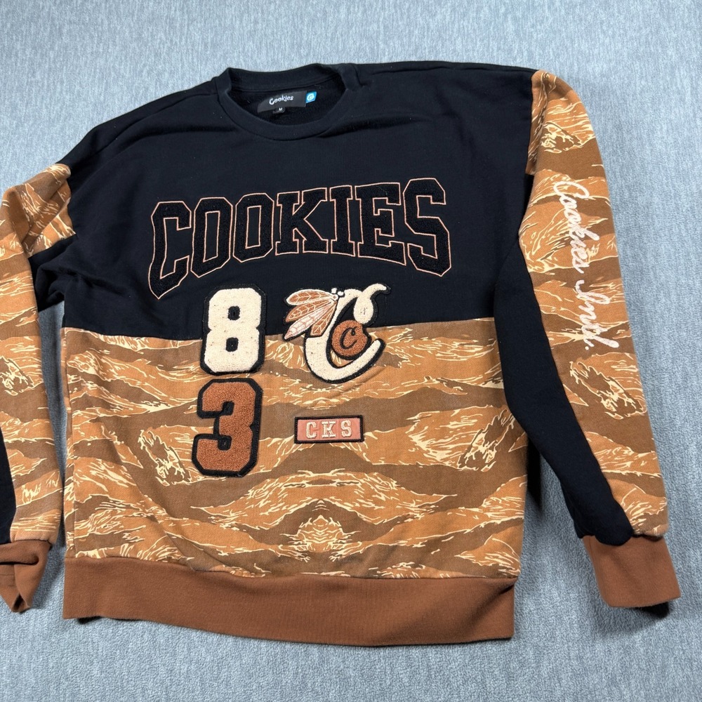 Cookies Crewneck Mens Medium Black Tiger Camo Graphic Fleece Pullover Sweatshirt